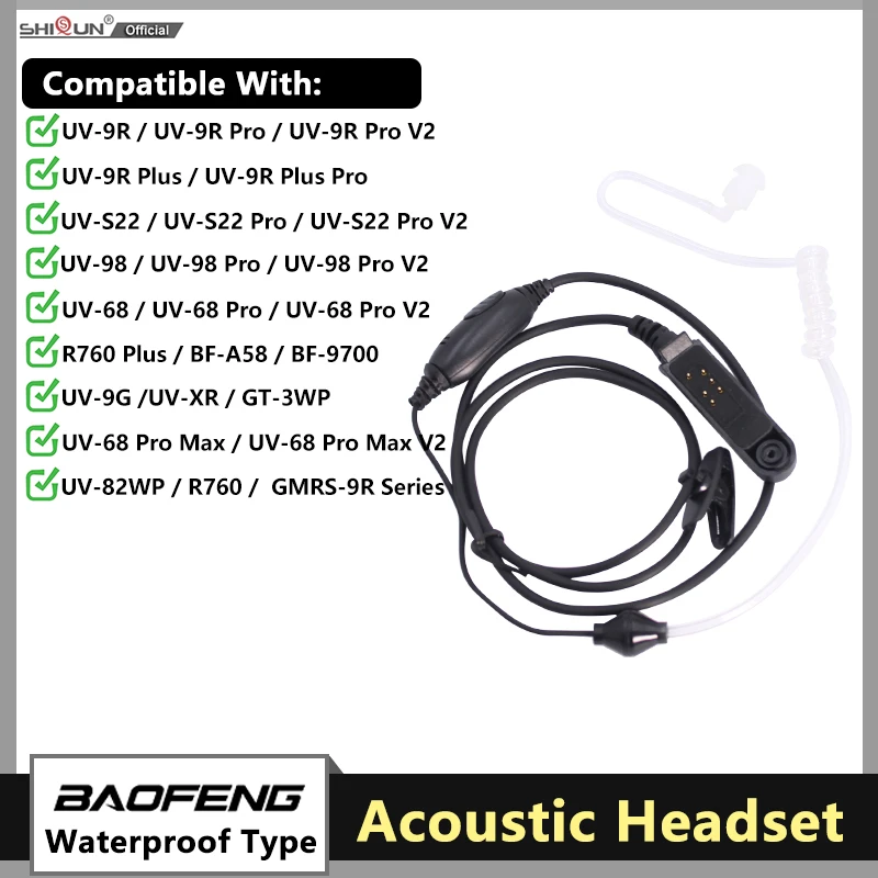 Baofeng UV-9R PRO V2 Akustický headset UV-68 Pro Air Truby Uzalka mikrofónu pre UV-S22 PRO V2 UV-9RPLUS UV-98 UV-82WP XR Walkie Talkie