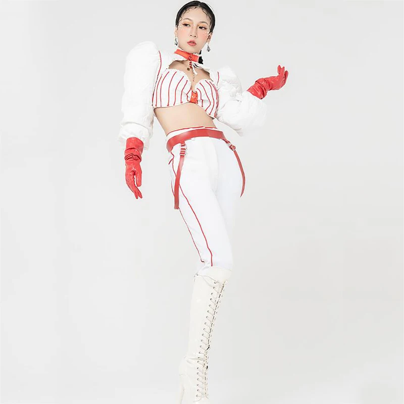 Bar Nightclub DS DJ Gogo Dancer Costumes White Leather Dutlow Top Pants Women Dance Dance Clothing Festival outfit XS3499