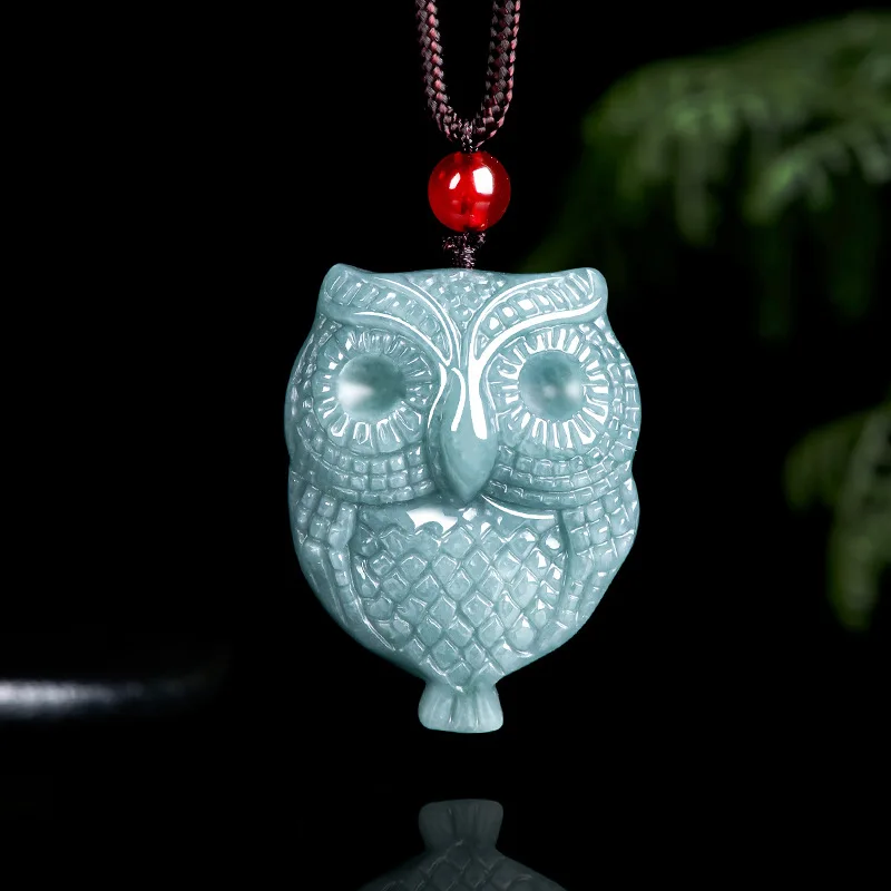 Barmská jadeitová sova sova prívesok Náhrdelník Talismans Príslušenstvo Kamenný luxusný dizajnér modrý prírodný jade jade vintage skutočné šperky