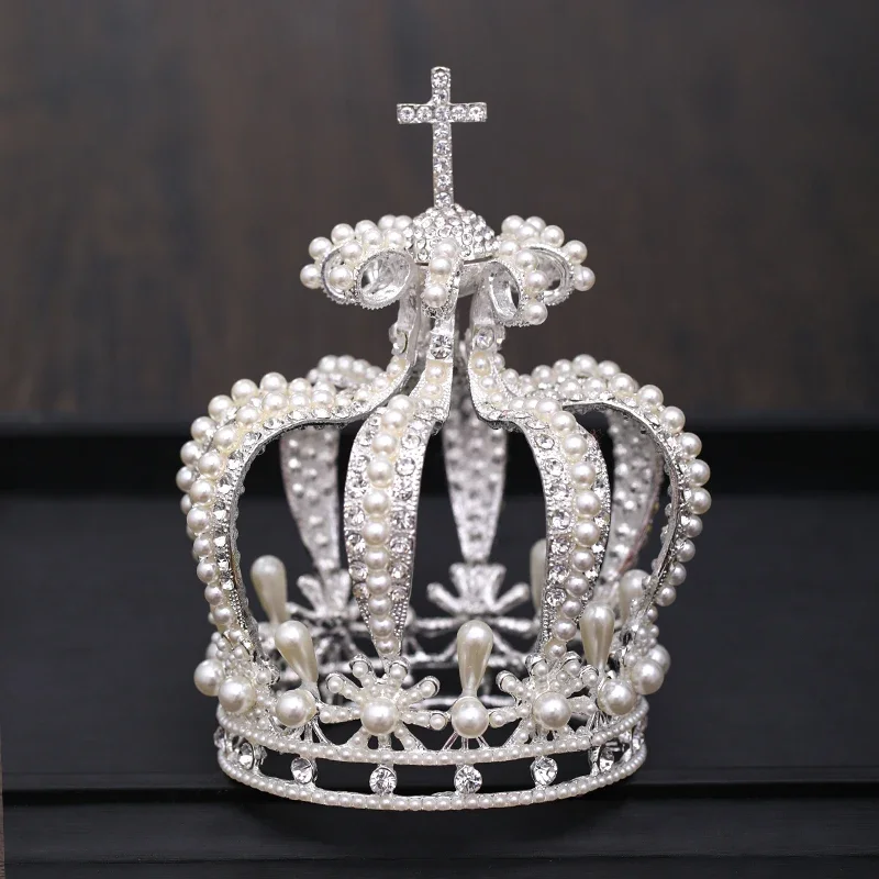 Baroková krištáľová perla koruna a čelenka pre ženy Round Crown Tiara Hair šperky Svadobné vlasové doplnky