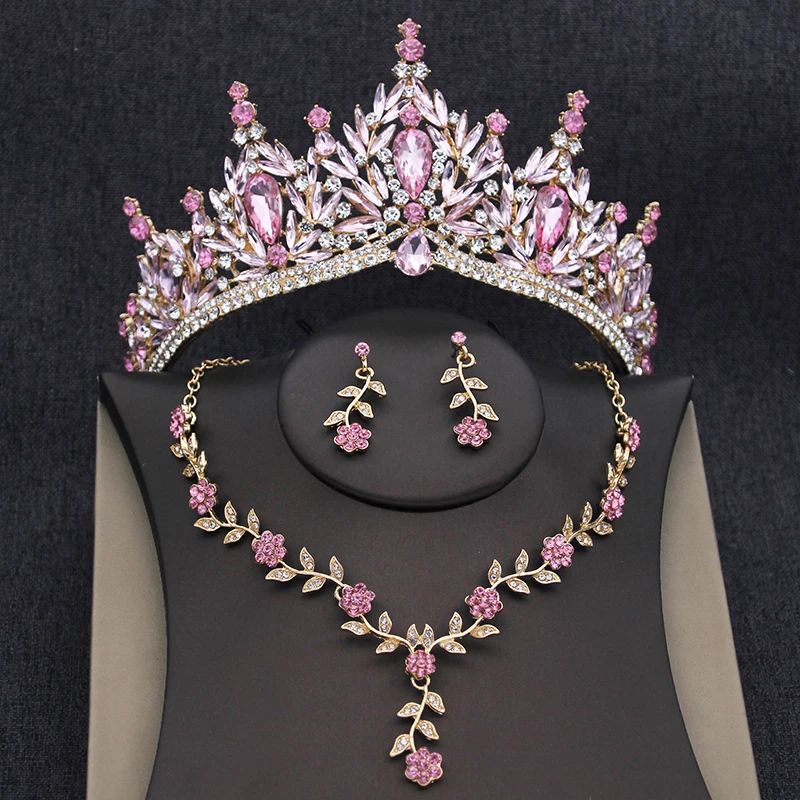 Barokové elegantné ružové svadobné šperky súpravy luxusných princezných Tiaras a kvetinové náhrdelníky Svadobná koruna Set pre ples