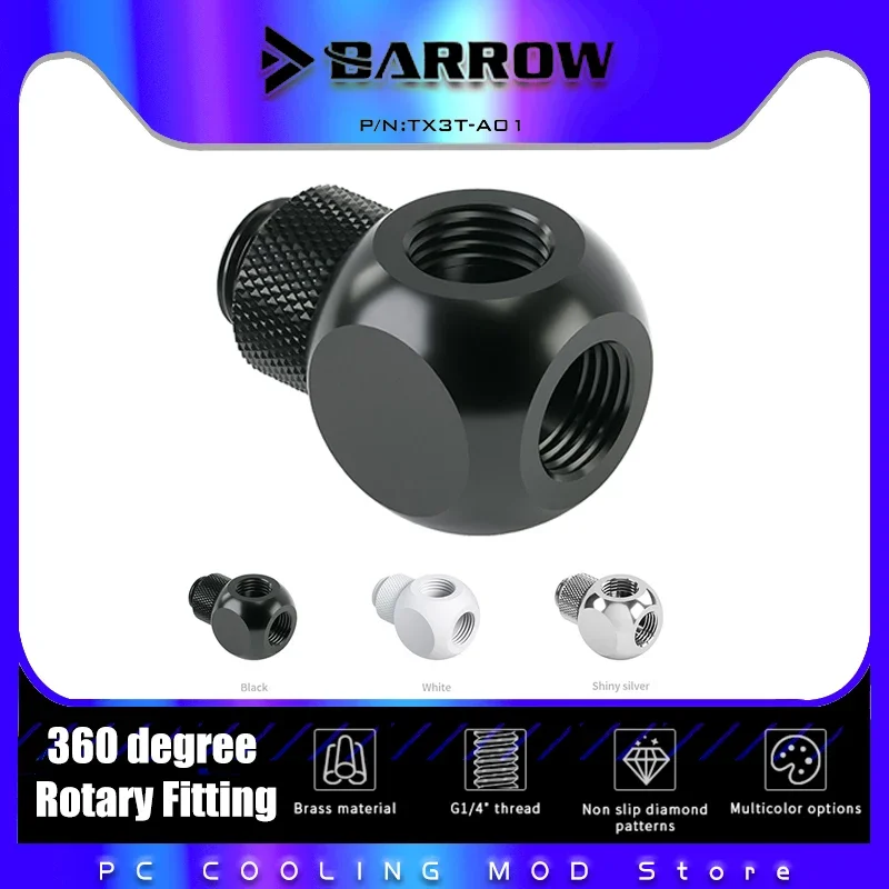 Barrow Rotatovateľná montáž G1/4 360 stupňov Rotačná kovová kocka Tee 3-5 T spôsoby pre chladenie vody TX3T-A01 TX4T-A01 TX5T-A01