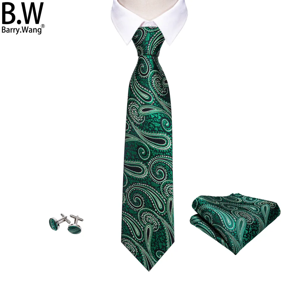 Barry.Wang Jacquard Paisley hodvábne muži kravaty vreckové štvorcové gombíky Sada zelená zlatá modrá ružová kravata pre mužský svadobný darček