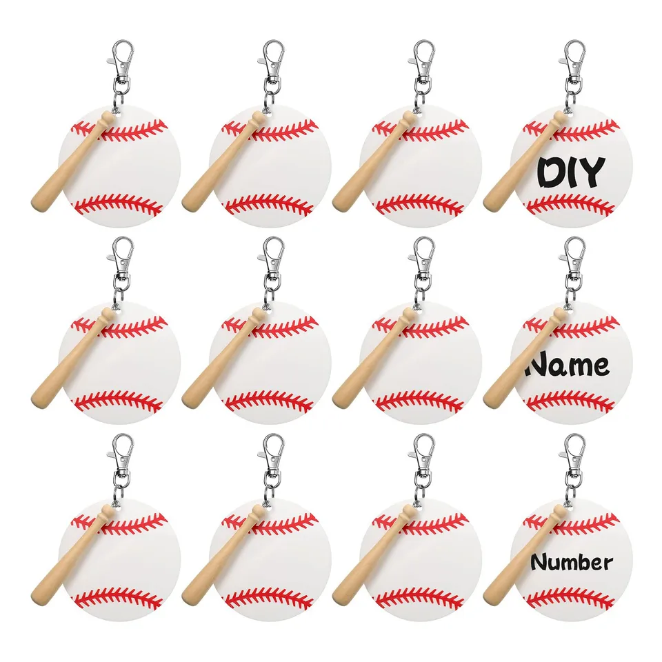 Baseball akrylová Keychain prázdna súprava, 12 akrylových lankov, 12 otočných šnúrkových hák