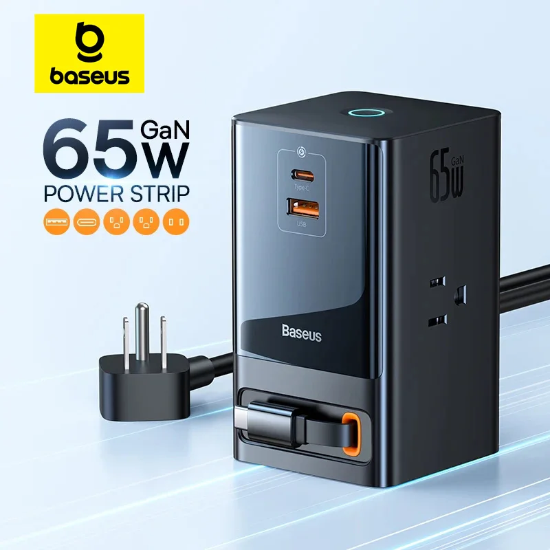 Baseus 65W Power Strip US Plug 3AC USB C PowerStrip Gan Socket Smart Touch Control Desktop Station Rýchly nabíjanie pre laptop iPhone