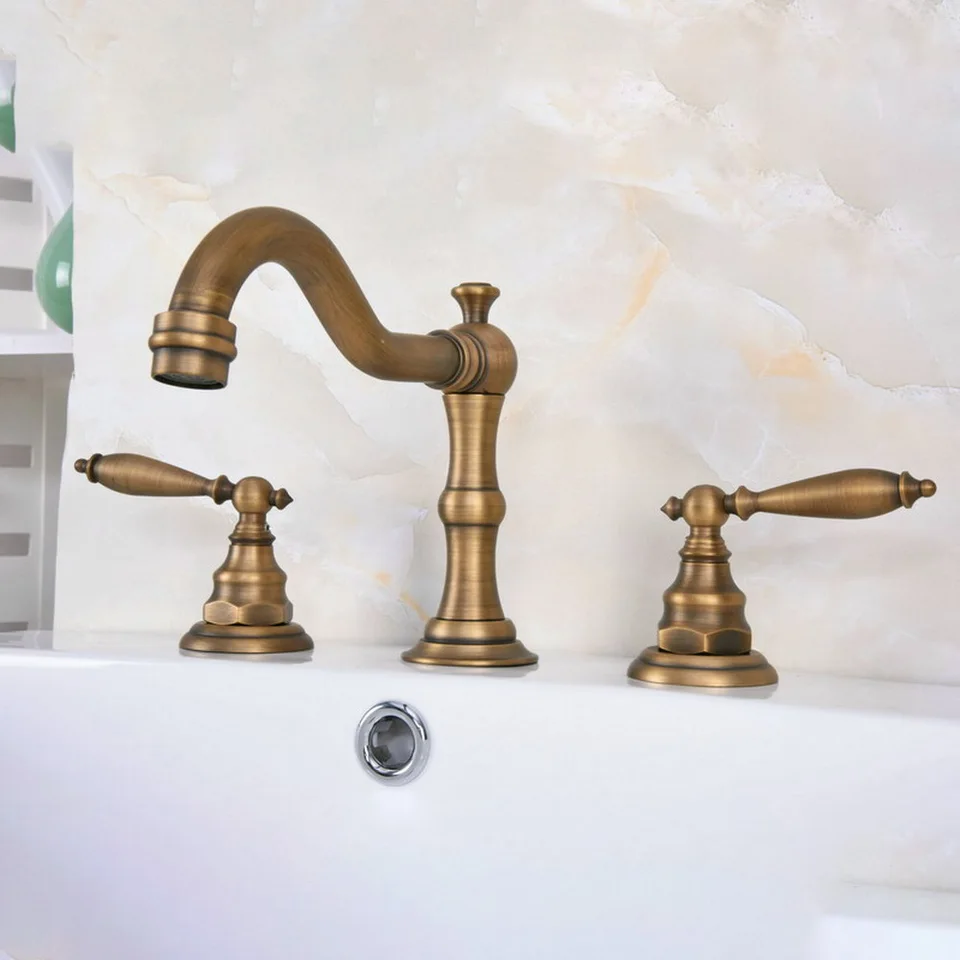 Basin Faucets Antique Brass Deck Mounted Widespread Bathroom Sink Faucets 3 Hole Double Handle Hot And Cold Water Tap tan075