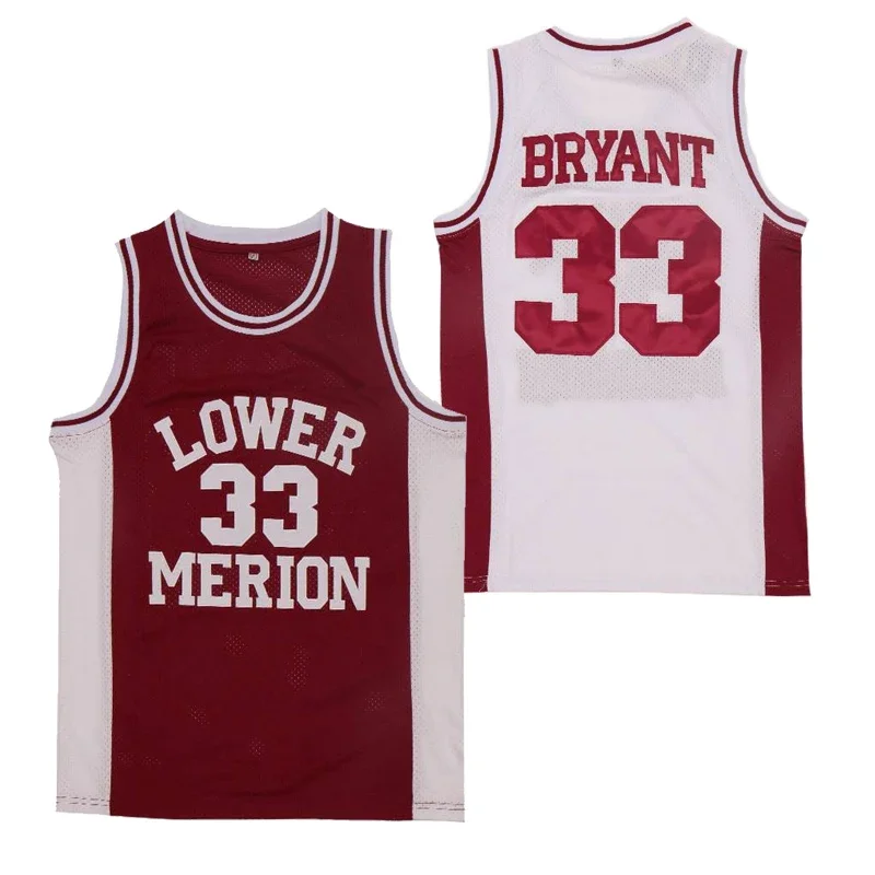 Basketbalové dresy dolné Merion 33 Kobe Bryant High School Jersey Šitové vyšívanie vonkajšieho športového oblečenia Hip hop film Red White