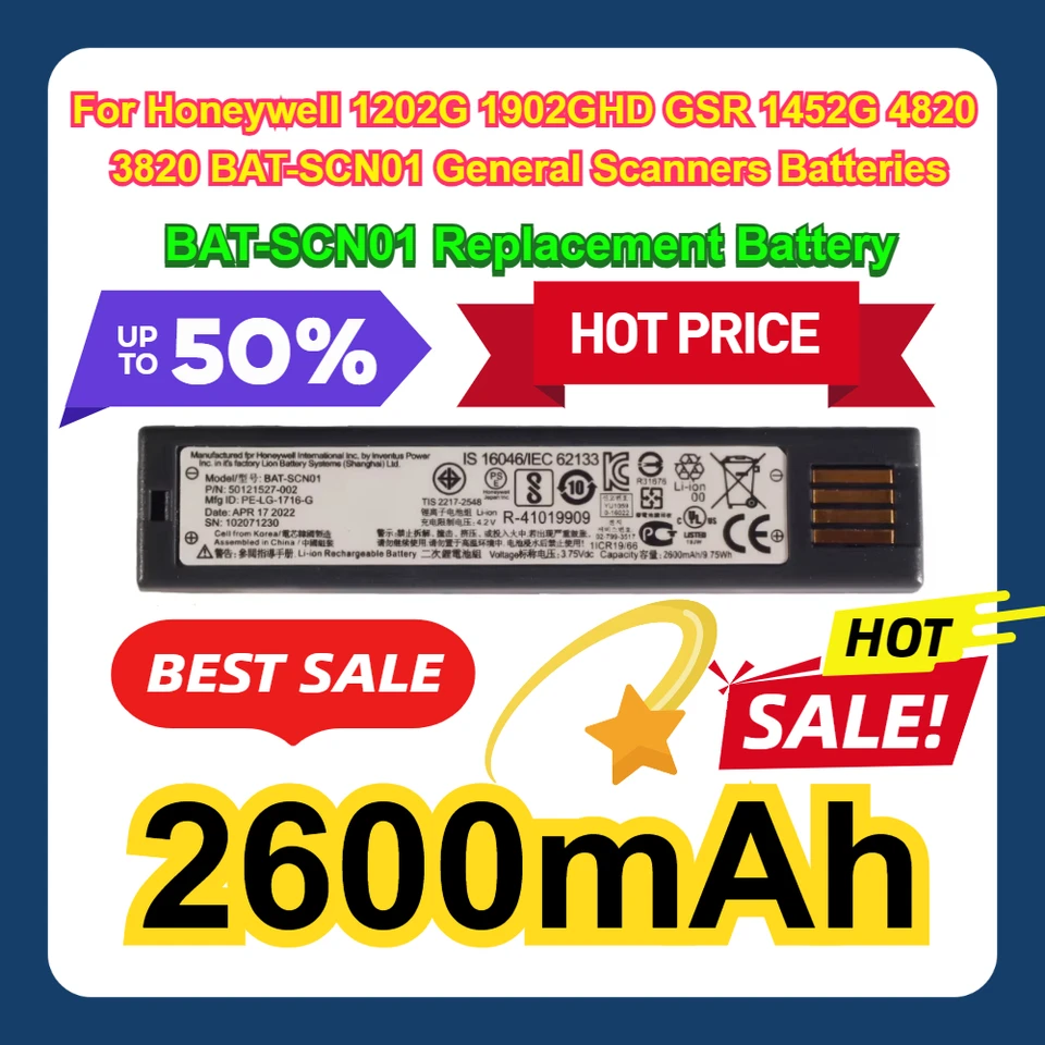 BAT-SCN01 2600MAH Výmena batérie pre Honeywell 1202G 1902GHD GSR 1452G 4820 3820 BAT-SCN01 Všeobecné skenery batérie