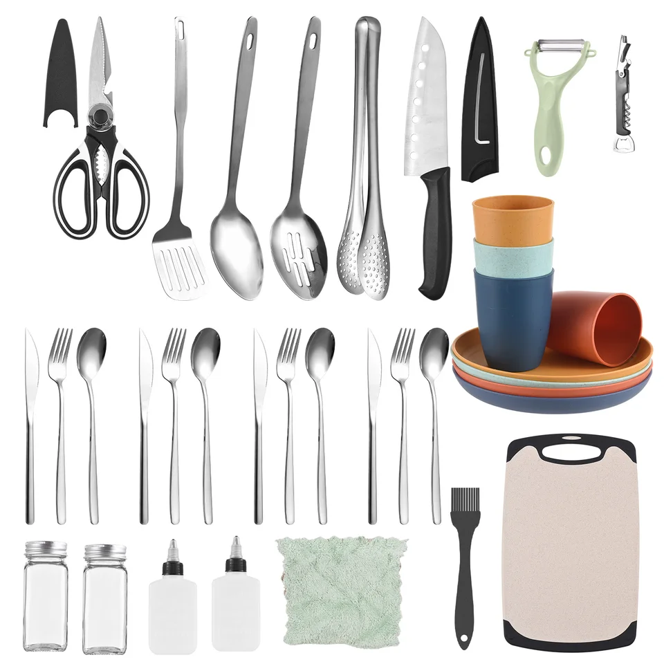 Batohové varenie ná riadom Set Camping Coenssils Set Camping Essentials pre kemping kuchynské varenie grilovanie