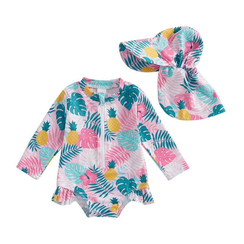Batoľa dievčat Rash Guard Tropical Rastliny Tlačte s dlhým rukávom na zipsový oblek s klobúkom 2 počítače