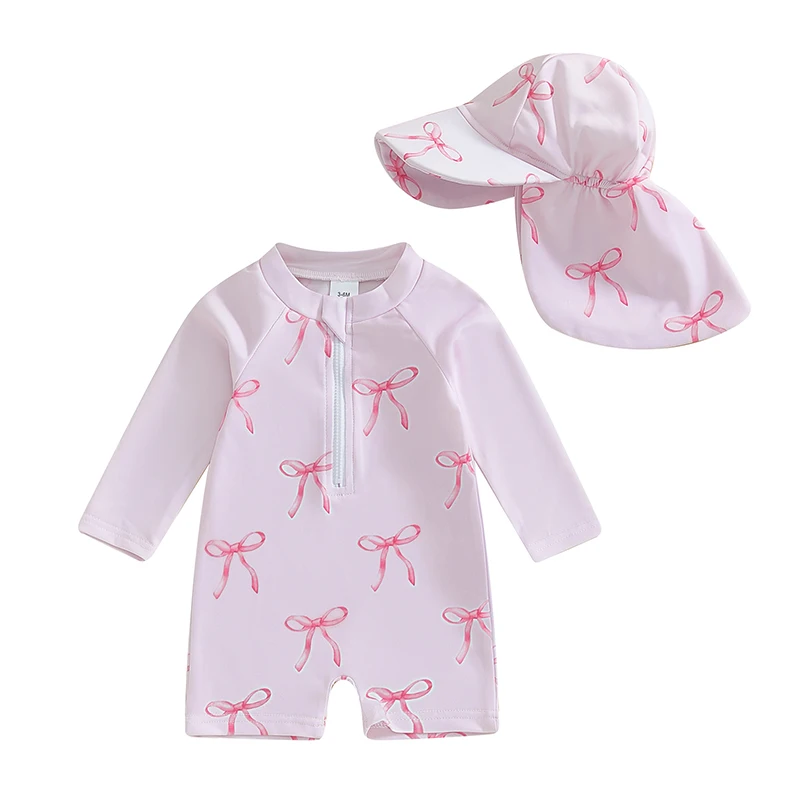 Batoľa Girl Rash Guard Flowsuit Bow/Cherry Print s dlhým rukávom Mock krk na zips plavky s klobúkom s klobúkom Detské športové oblečenie