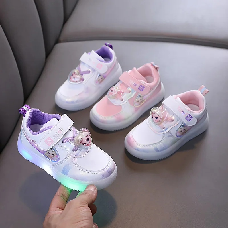 Batoľa topánky Disney Spring Autumn Príležitostné topánky Mickey Frozen Elsa Sneakers New Girl Boy Led Luminous Detské dosky