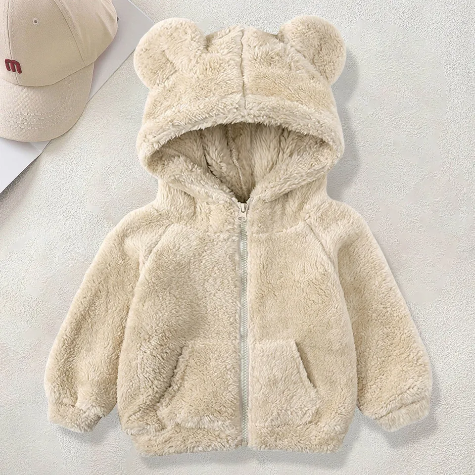 Batoľatá deti dievčatá chlapci plné zipsové fleece s kabátom kabát medveď ucho s dlhým rukávom Hrubé oblečenie 5t chlapci bunda s kapucňou