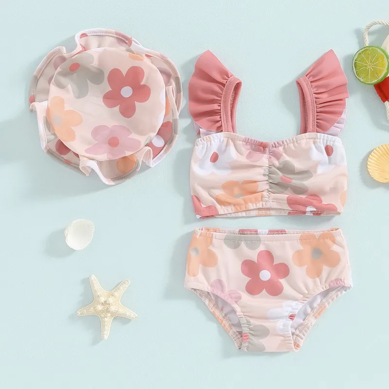 Batoľatá dievčatká letné plavky kvetinové tlačové rukávy Tankini Tops Tops Swim Splave Cap 3 kusy plavky na pláž plážové bikiny