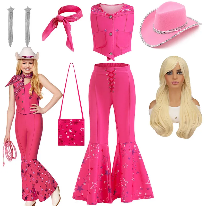 Batoľatá dievčatá kovboj ružové vesty nohavice šál 3 počítače Oblečenie sada margot film rola hre kostým Barbi Cowgirl Youth Outfit Cosplay