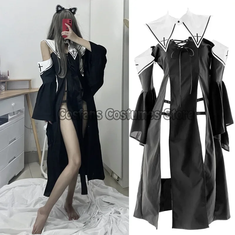 Battle Nun Girl Dress Sexy krížové ramienky bez ramienok nočná nočná kozplay dám High Slit Open hrudník Uniforma lolita vintage pyžamy wa5