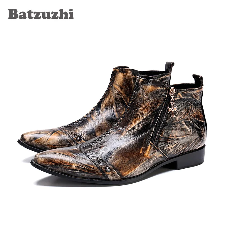 Batzuzhi rock botas hombre topánky Men Punk bronz Originálne kožené členkové topánky Men špicaté toe motocyklové bota military, veľké 12