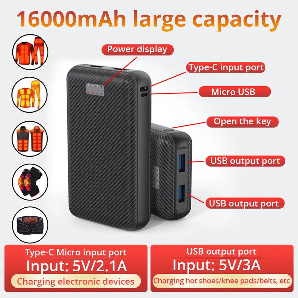 Batéria 16000 mAh prenosná vykurovacia energia banka na vykurovanie vesty rukavice Elektrické vykurovacie zariadenie DC Power Bank