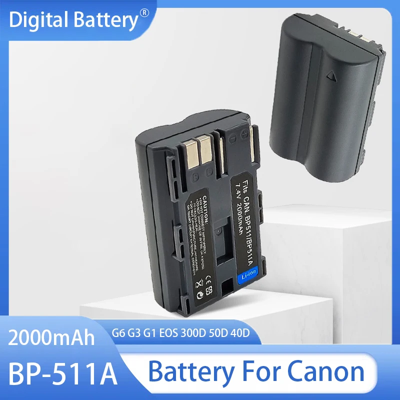 Batéria BP-511A BP511 2000MAH Nabíjateľné batérie pre Canon G6 G5 G2 G1 EOS 300D 50D 40D 30D 20D 5D 5D Camera Littium Battery