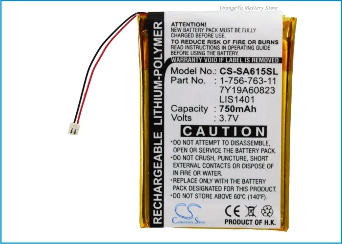 Batéria Orangeyu 750 mAh 1-756-763-11 LIS1401 7Y19A60823 pre Sony NWZ-S600 S600F S610 S615 S615F S616 S616F S618FBLK S710