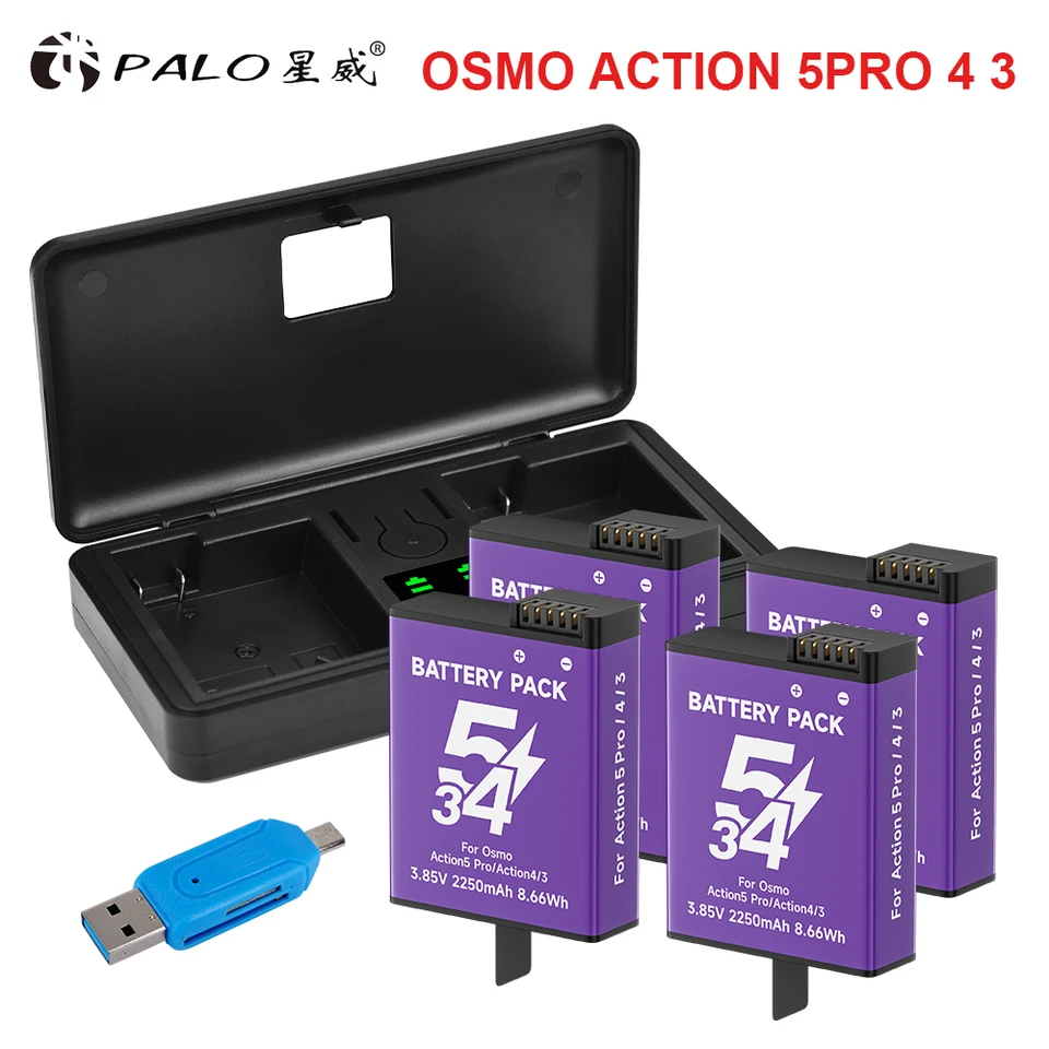 Batéria Palo 2250 mAh pre DJI Osmo akciu 5pro 4 3 batéria s nabíjacím boxom pre DJI Action 3 Action 4 Sports Camera Accessories