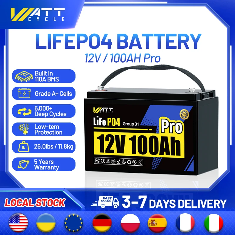 Batéria Wattcycle LifePo4 batéria 12V 100AH ​​Pro Nabíjateľná lítium fosforečnanská batéria pre kemping/ rybársky/ RV/ menič atď.
