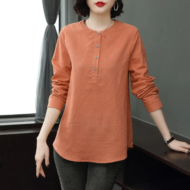 Bavlnená a ľanová košeľa Dámsky dlhý rukáv Loose Fit 2024 Nový jarný outfit Stand Up Fashion Moderné príležitostné ležadlá vrcholy