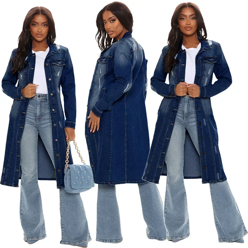 Bavlnená džínsová kabát Ženy jar jesenná jeseň ropa kardigan džínsy dlhé gotické bombardové bunda veterné breaker y2k ženské bundy maxi elegantné