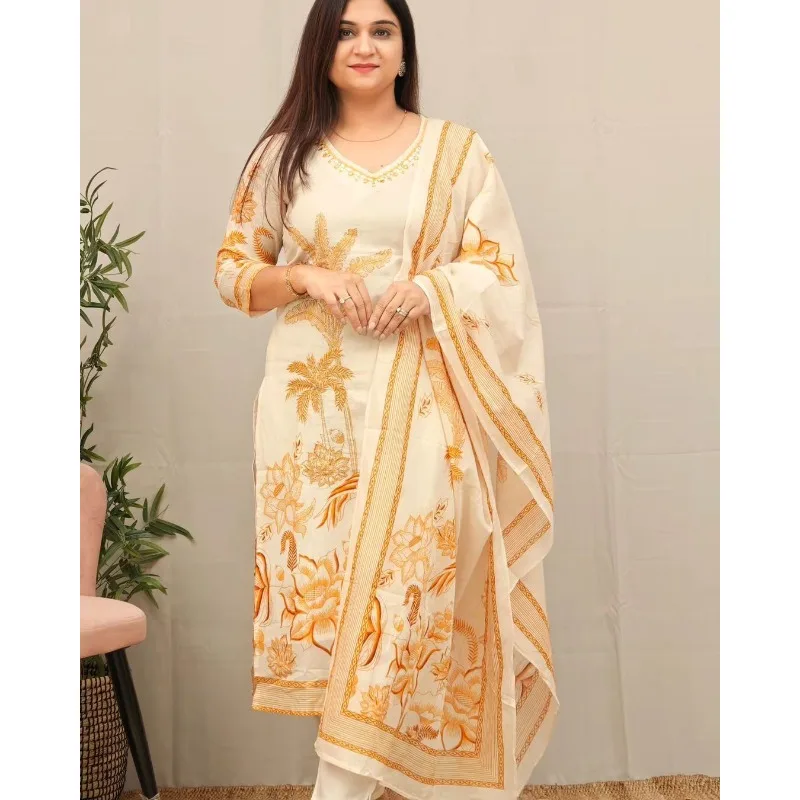 Bavlnená látka Kurta Palazzo s Dupatta Set Women Salwar Kameez Suit Kurti Pant