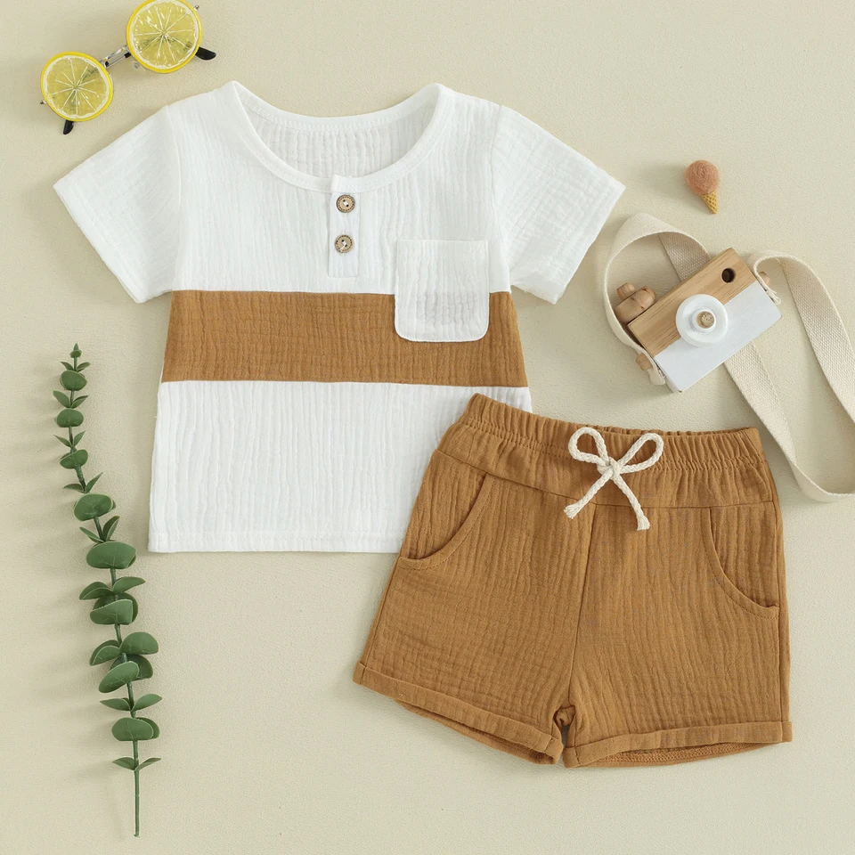 Bavlnené bielizeň pre deti pre deti pre deti letné oblečenie súpravy kontrastu s krátkym rukávom Color Tops Shorts Deti voľné vonku