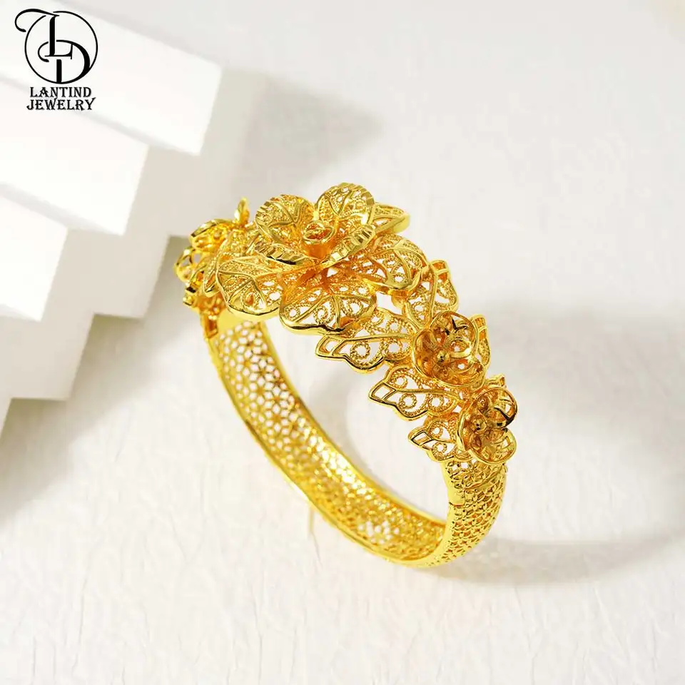 BB00014 Dubaj Elegantný dámsky kvetinový náramok luxusný zlatý šperk butikový náramok 24K Dámsky svadobný náramok