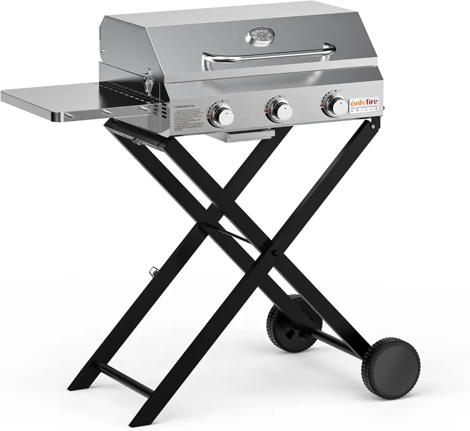 BBQ Gas Grill 3-Burner s skladateľným vozíkom a bočným stolom, prenosný propánový gril s vekom pre vonkajšiu terasu