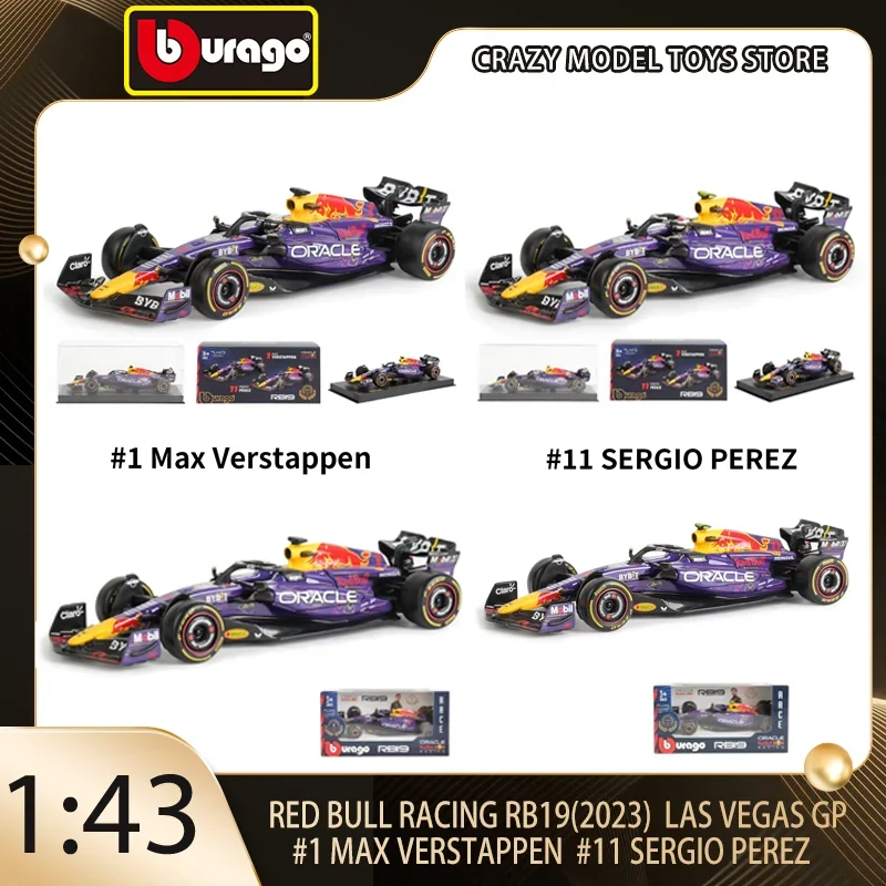 BBURAGO 1:43 Red Bull RB19 2023 Las Vegas GP 1 Max Verstappen 11 Sergio Perez zliatiny Diecast Car Model Formula Collection Gift