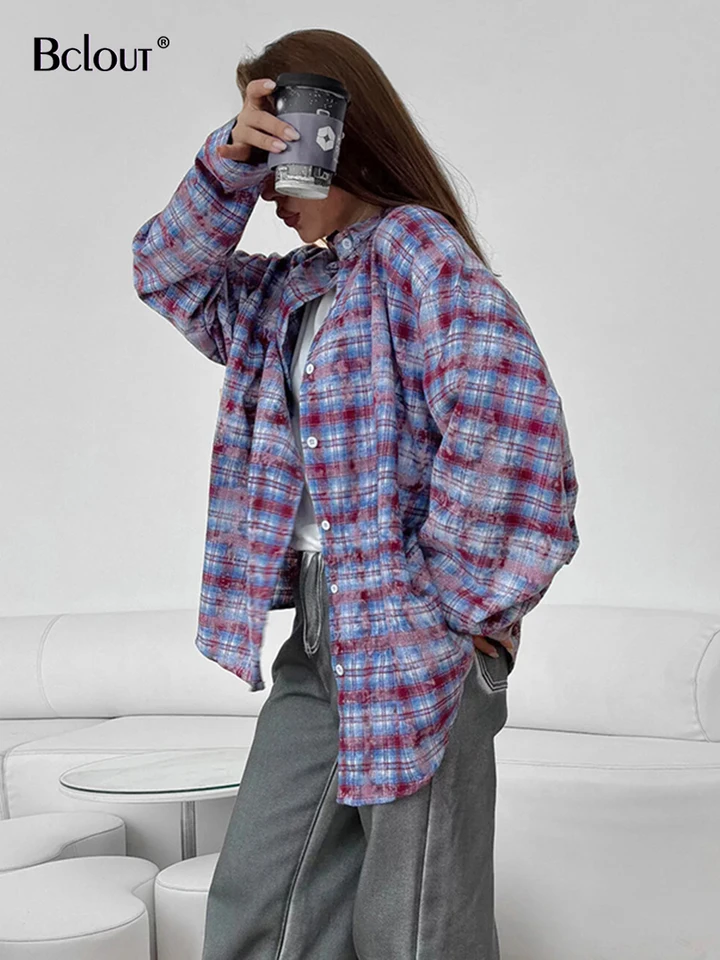 Bclout módne kockované fialové košele blúzky Ženy 2024 Príležitostné bavlnené košele s dlhým rukávom Spring uvoľnené blúzky Coats Streetwear top