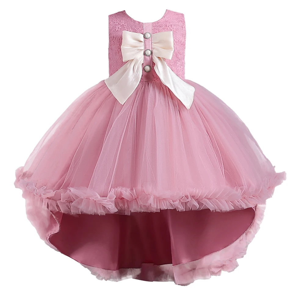 Bean Pink Child Runway šaty princezná šaty Kid Flower Girl Lace Trail Dress Big Bow Mesh Fluffy šaty