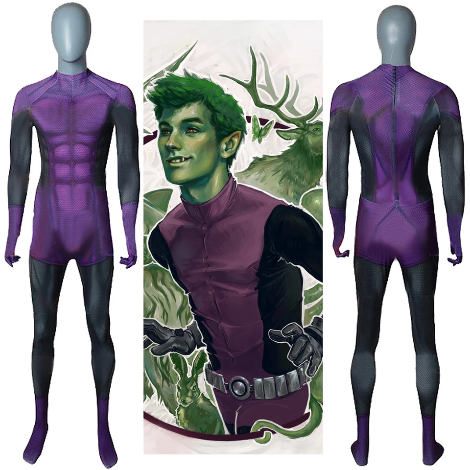 Beast Boy svalové dyesub cosplay chlapci 3D tlačené bodyit teen titans superhrdina spandex zentai outfit halloween kostým pre dospelých
