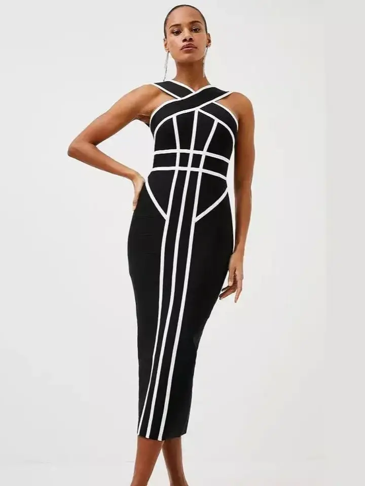 Beaukey Luxury Black White Contrast obväz midi bandážové šaty Dám