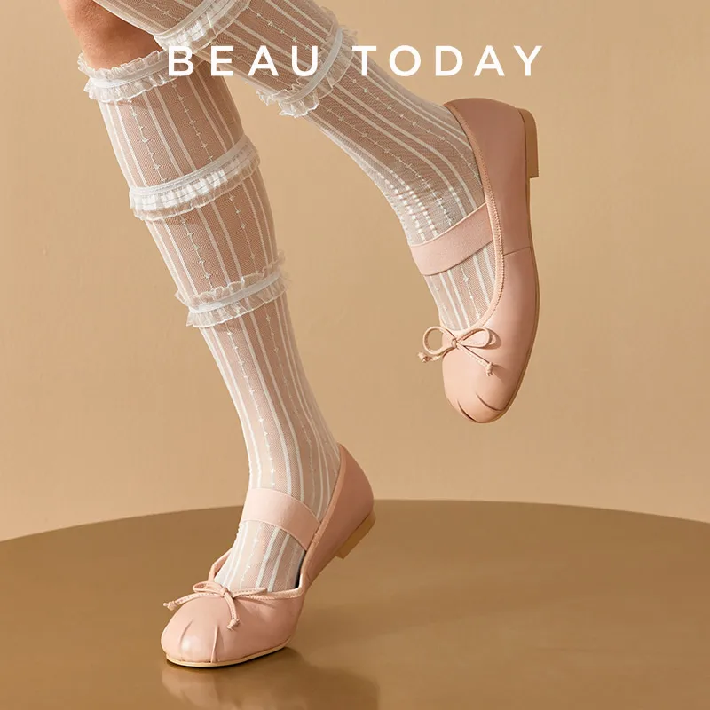 Beauoday Balet topánky Ženy Ovalca koža koža Mary Janes Elastic Band Round Toe Bowknot Plytké jarné dámske byty 28307