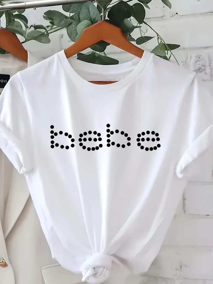 Bebe Letter Print Tričko s krátkym rukávom Crew Neformálne top pre letné a jarné dámske oblečenie