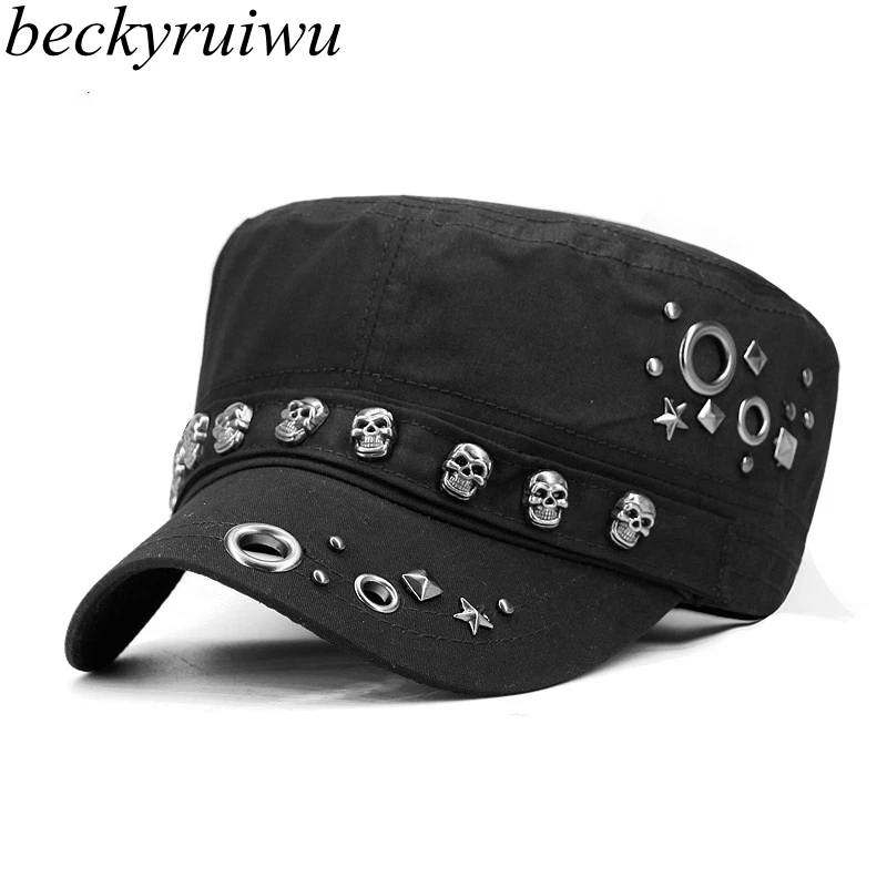 BecKyruiwu dospelých hip hop punk rockovej lebky Nivet Ploché vrcholy klobúky Men Veľká veľkosť namontované baseballové čiapky 56-58 cm 60-62 cm