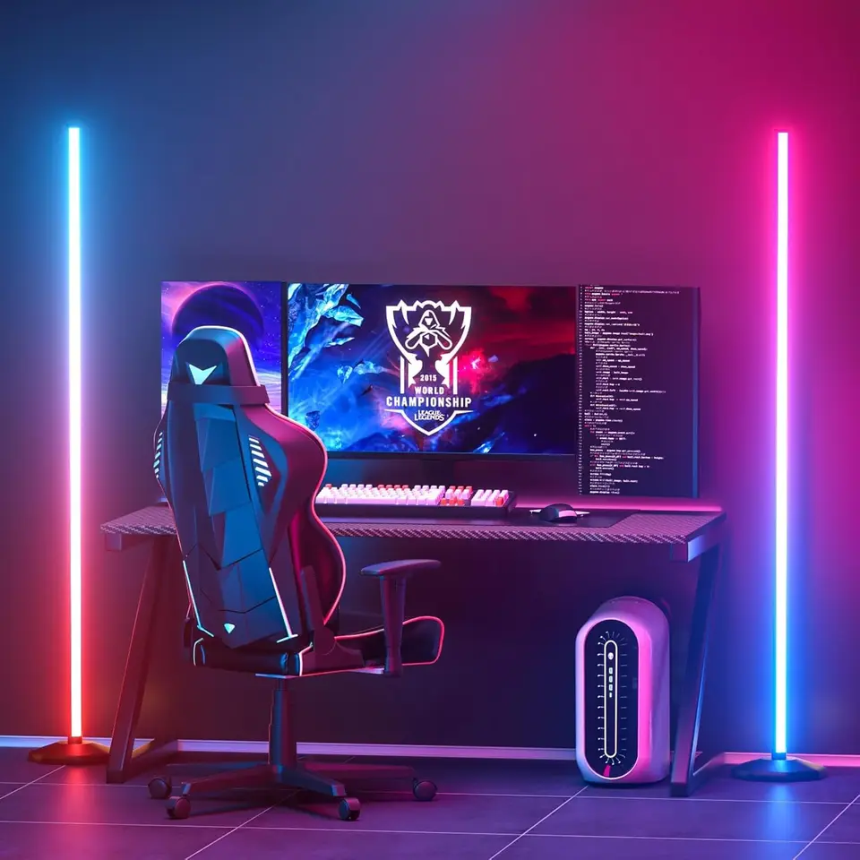 Bedee LED rohová stolová lampa: 64,5 palca RGB Color Color Stinuy s hudbou synchronizáciou, moderné osvetlenie nálady diaľkového ovládača a ovládací prvok aplikácie,