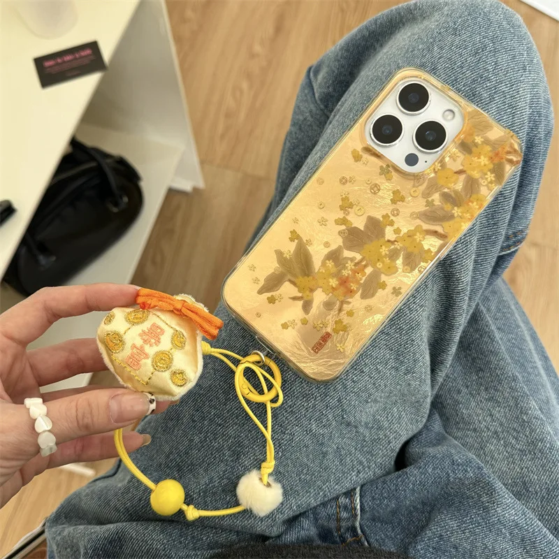 Begonia Flowers Gold Coin Laser Telefón puzdro pre iPhone 16 15 14 13 13 Pro Max Pase Cute Luxury Blessing Bat