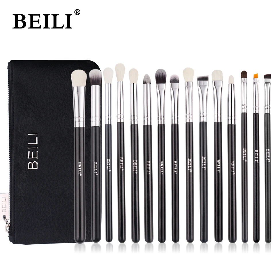 Beili Black Makeup Brushes 15ks kozie vlasy na očné očné tiene očné tiene Sada kefiek s taškou vysoko kvalitný profesionál