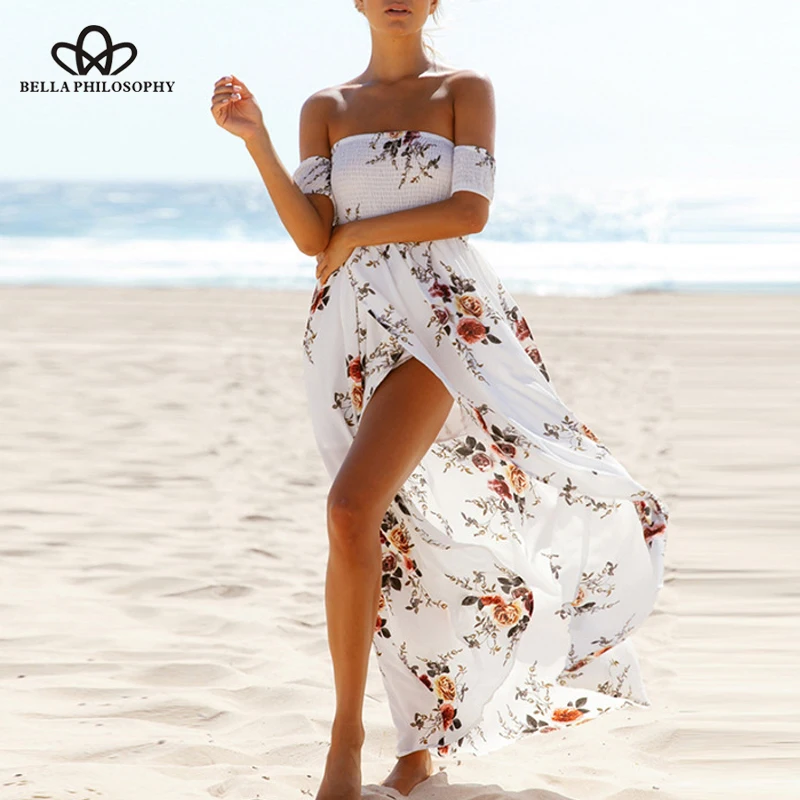 Bella filozofia Ženy Bohemian tlač s krátkym rukávom dlhé madi šaty vintage sexy split boho šaty prázdninové šaty Vestidos
