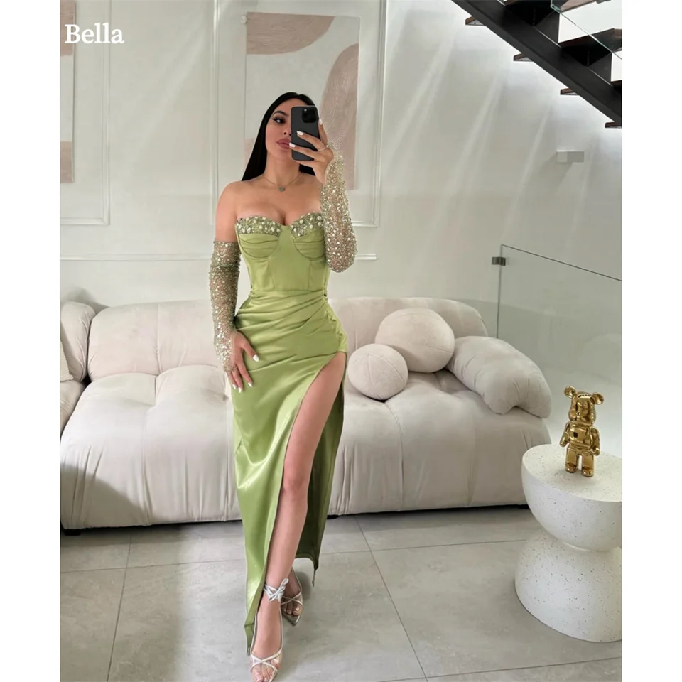 Bella prispôsobená lmitačným remienkom bez ramienok Rúcha de soirée v krk bok Side Vysoké rozdelené večerné šaty kokteilové večierky Pleats svadobné šaty