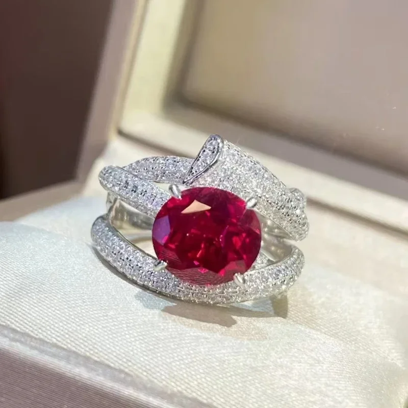 Bellux 925 Strieborný zlatý zlatý syntetický zirkón Pigeon Blood Ruby Lab Grown Vine Cull Diamond Luxusný rubínový prsteň