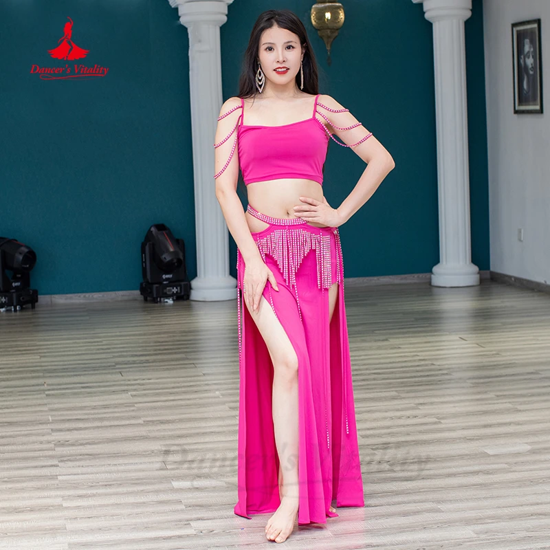 Belly Dance kostým Ženy Senior Spandex krátke rukávy top+ab Tassel dlhá sukňa 2ks pre dospelých brušných tanečných odevov