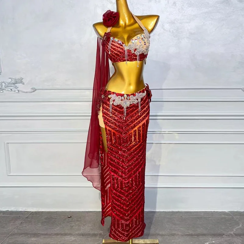 Belly Dance Suit Diamond-Studed Slingova podprsenka Split Big Swing sukňa Performance Set Oriental Dancing Cuction Clothing