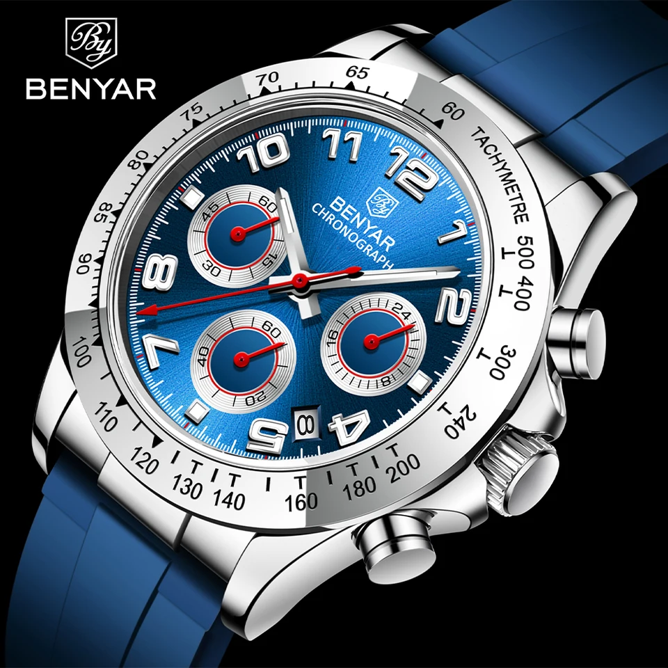 Benyar New Luxury Men Quartz Watch Pánske hodinky Multifunkčné kremeň hodinky módna vodotesná oceľová páska športovej športovej pánske hodinky
