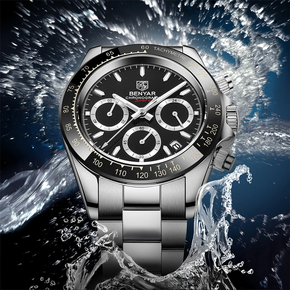 Benyar Sport Men Quartz hodinky vodotesné módne dátumy chronograf z nehrdzavejúcej ocele Luxusné hodinky pre mužov relojes hombre